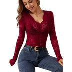 Damen Spitzen-Bodysuit mit tiefem V-Ausschnitt und transparenten Ärmeln R&B
