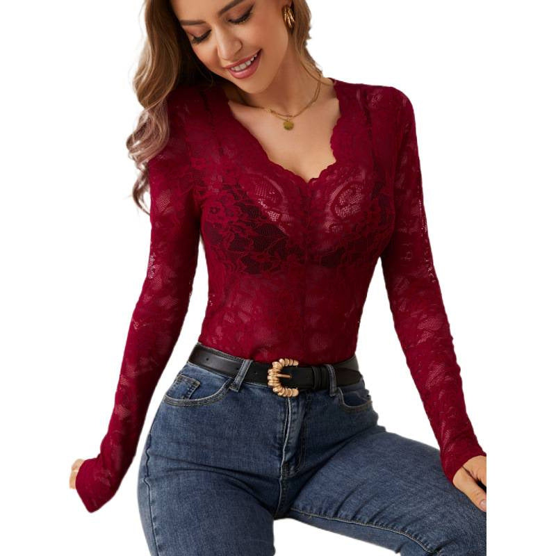 Damen Spitzen-Bodysuit mit tiefem V-Ausschnitt und transparenten Ärmeln R&B