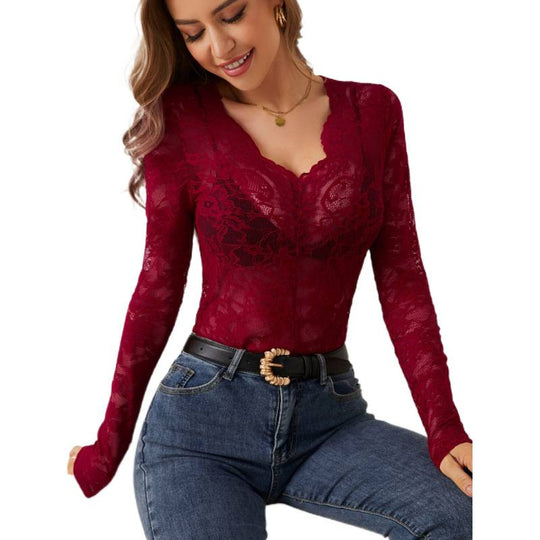 Damen Spitzen-Bodysuit mit tiefem V-Ausschnitt und transparenten Ärmeln R&B