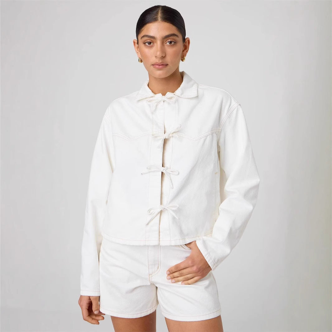 Damen Modernes Denim-Jackett mit Bindegürtel R&B