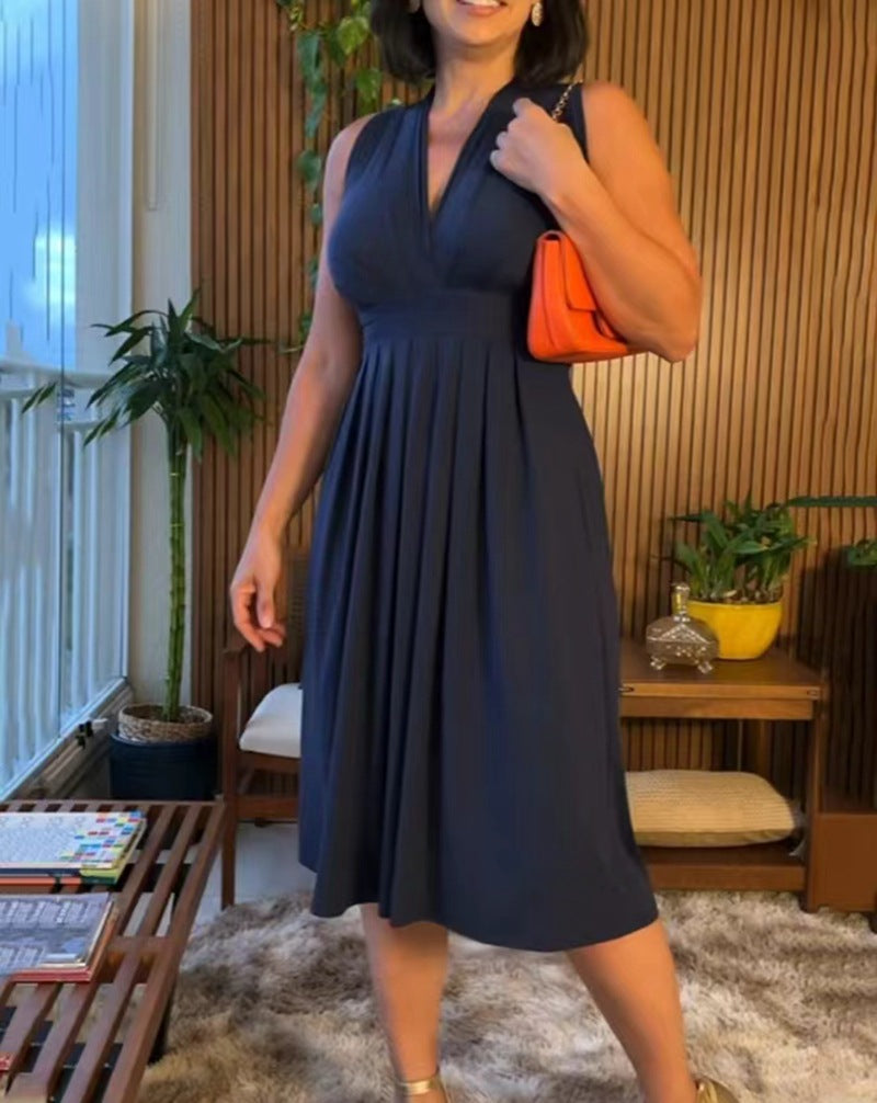 Damen nan ärmelloses V-Ausschnitt-Midikleid mit Unterbrustnaht und schmeichelndem Faltenrock R&B