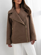 Damen stylische Wolljacke mit asymmetrischem Reißverschluss und großem Kragen R&B