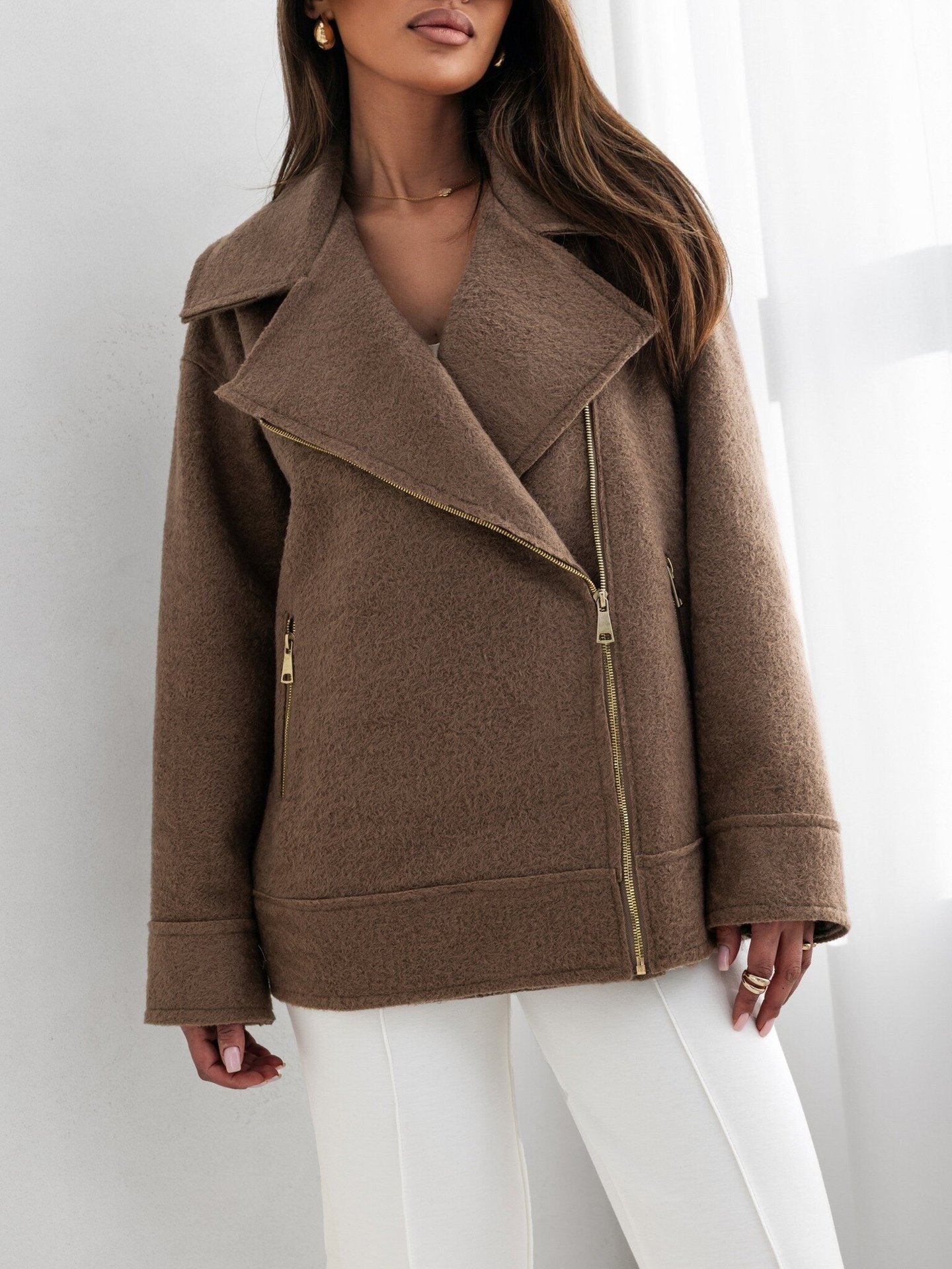 Damen stylische Wolljacke mit asymmetrischem Reißverschluss und großem Kragen R&B