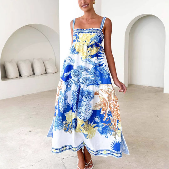 Damen Maxi-Strandkleid im floralen Design mit verstellbaren Spaghettiträgern R&B