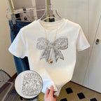 Damen T-Shirt mit glitzerndem Schleifenmotiv und feiner Sticktechnik R&B