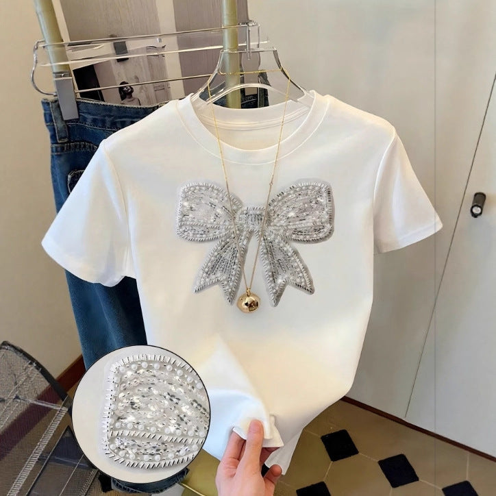 Damen T-Shirt mit glitzerndem Schleifenmotiv und feiner Sticktechnik R&B