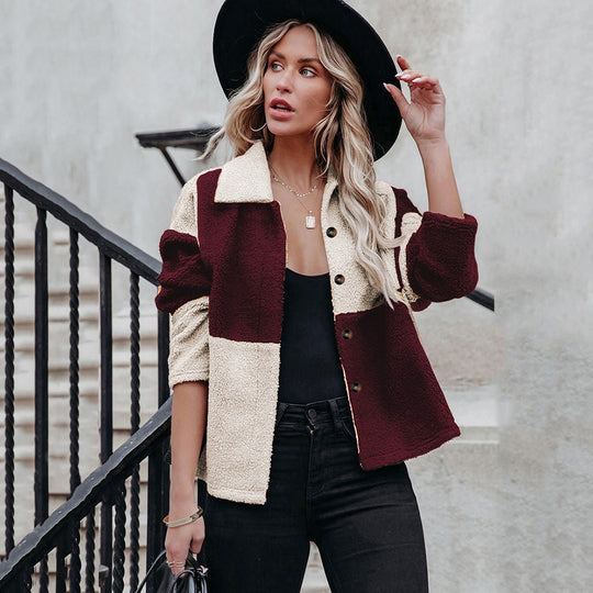 Damen kuschelige Oversized-Jacke im Patchwork-Stil R&B