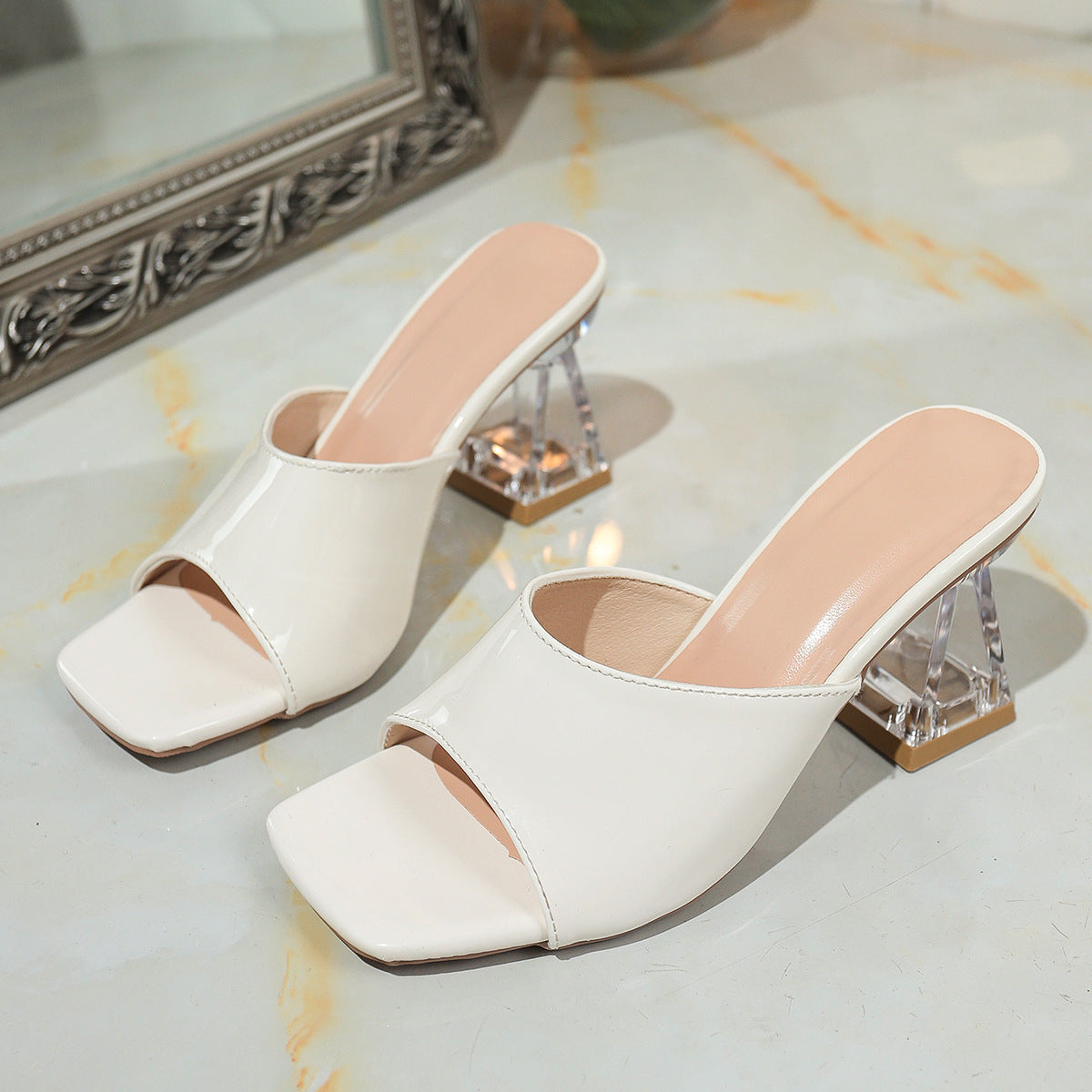 Damen elegante Mules mit transparentem Blockabsatz R&B