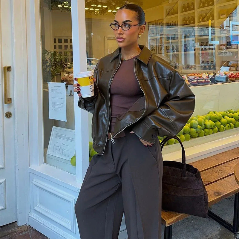 Damen modische Kunstlederjacke mit elastischem Bund R&B