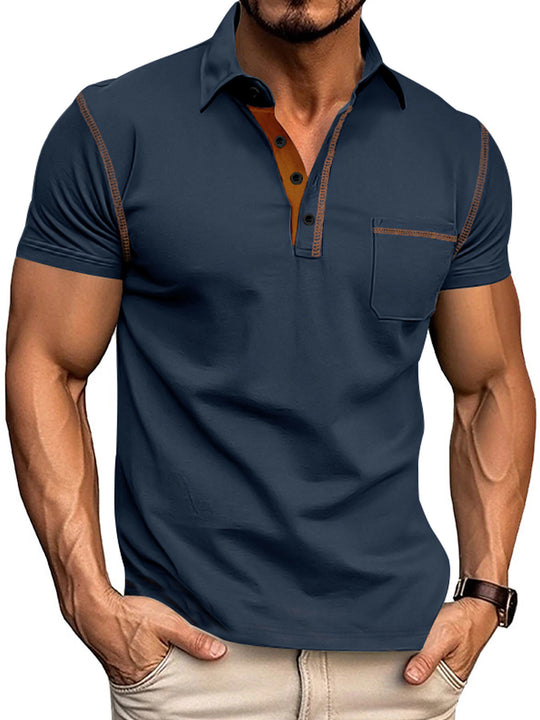 Herren nan Kurzarm-Polo mit Brusttasche, kontrastierender Steppnaht und Hemdkragen R&B