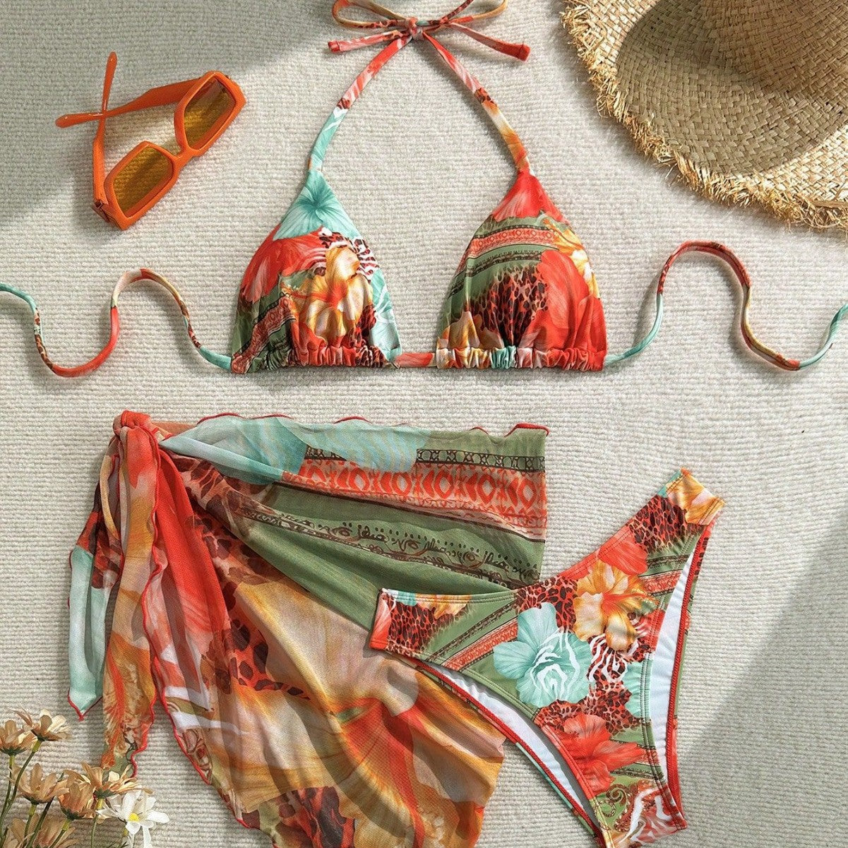 Damen Florales Bikini-Set mit Kombination aus Oberteil und Wickeltuch R&B