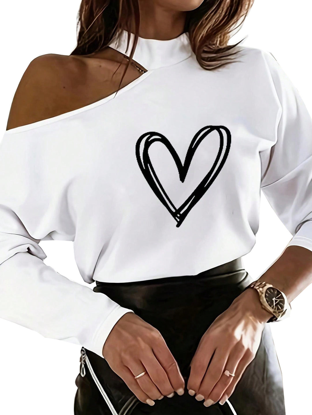 Damen Off-Shoulder Sweatshirt mit Herzmotiv R&B