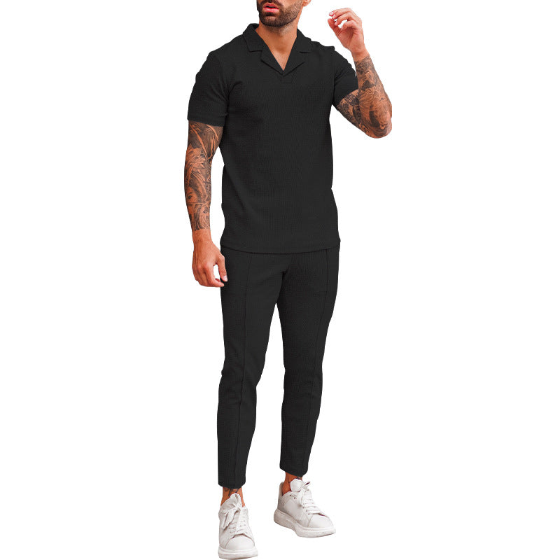 Herren modernes Freizeit-Set mit poloähnlichem Oberteil und schmal geschnittenen Hosen R&B