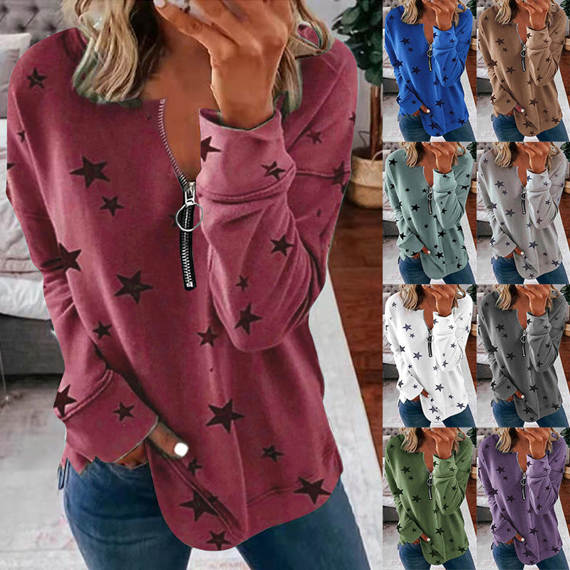 Damen Kapuzensweatshirt mit Reißverschluss und Sternenmuster R&B