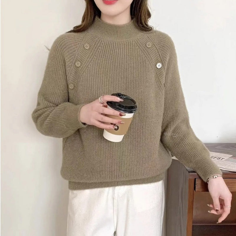 Damen Grobstrickpullover mit modernem Stehkragen und Knopfdetails R&B