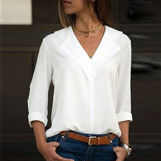 Damen elegante Bluse mit V-Ausschnitt und umschlagbaren Ärmeln R&B