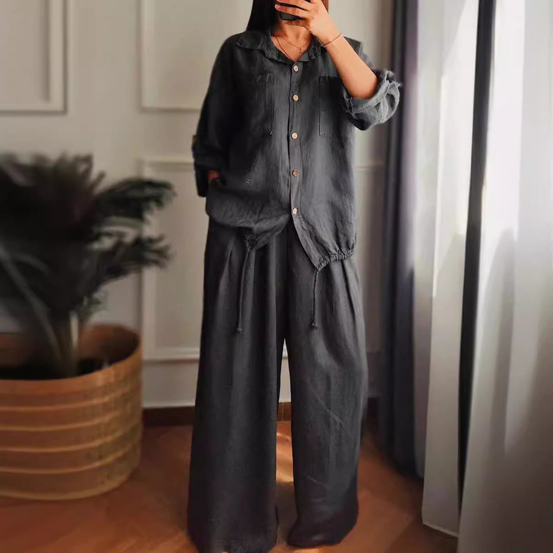 Damen Leinen-Set mit weiten Hosen undlässiger Bluse R&B