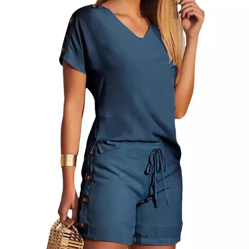 Damen lässiger Shorts-Set mit Knopfdetail und V-Ausschnitt R&B