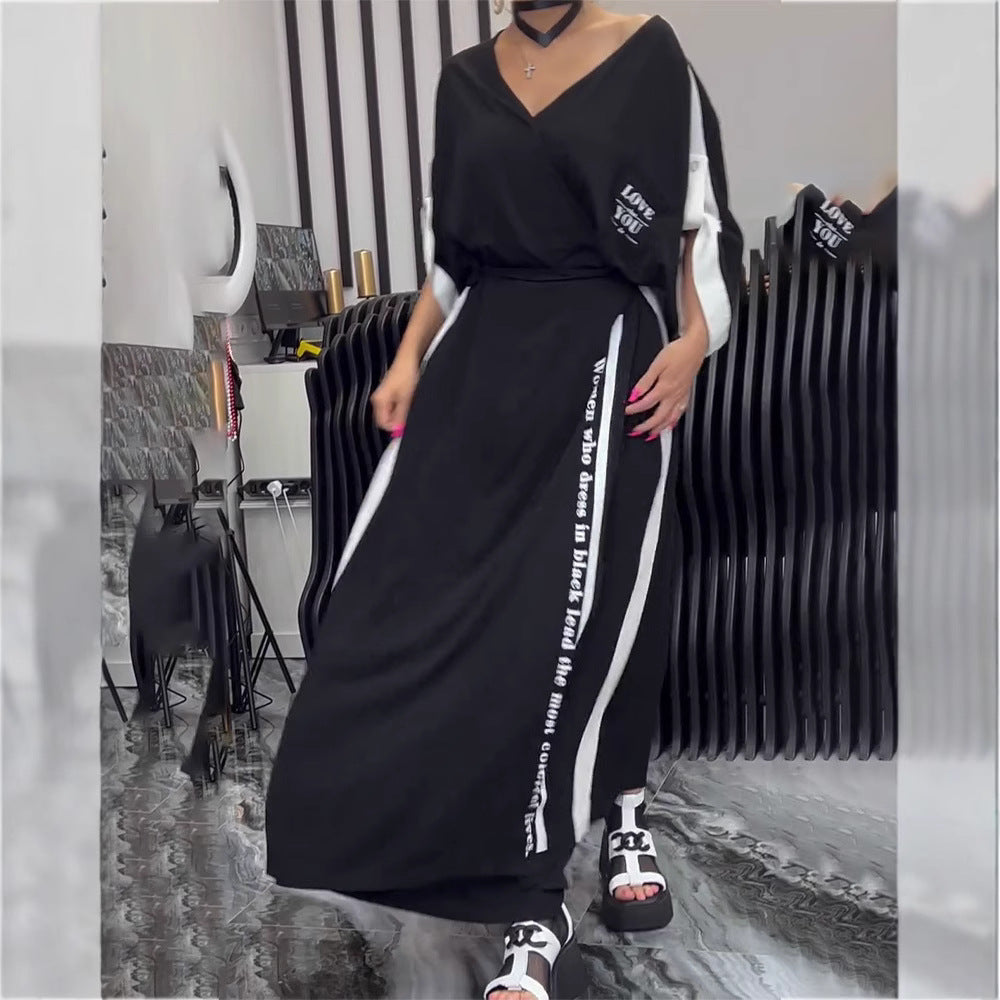 Damen nan sportlich-elegantes Maxikleid mit V-Ausschnitt, Taillengürtel, Kontrastseitenband und Brusttasche R&B