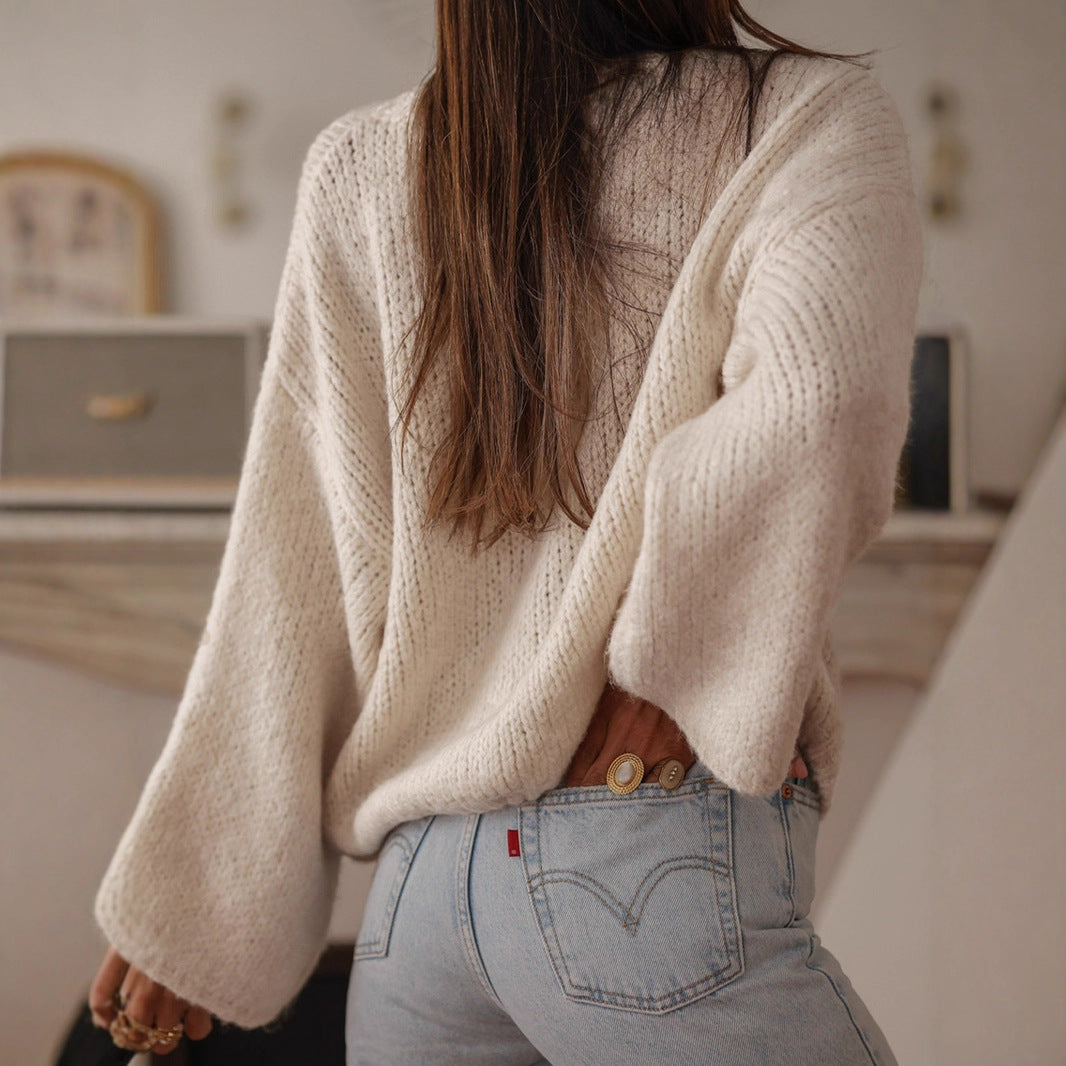 Damen kuschelige Strickjacke mit oversized Ärmeln und eleganten Perlenknöpfen R&B
