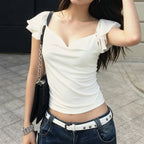 Damen elegantes Top mit schulterfreien Rüschendetails R&B
