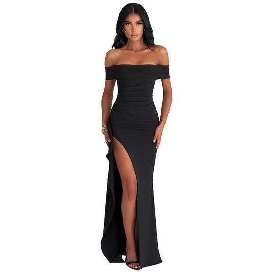 Damen elegantes schulterfreies Wickelkleid mit hohem Schlitz R&B
