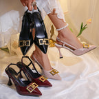 Damen eleganter Slingback Absatzschuhe mit modischer Schnalle und spitzem Zehenbereich