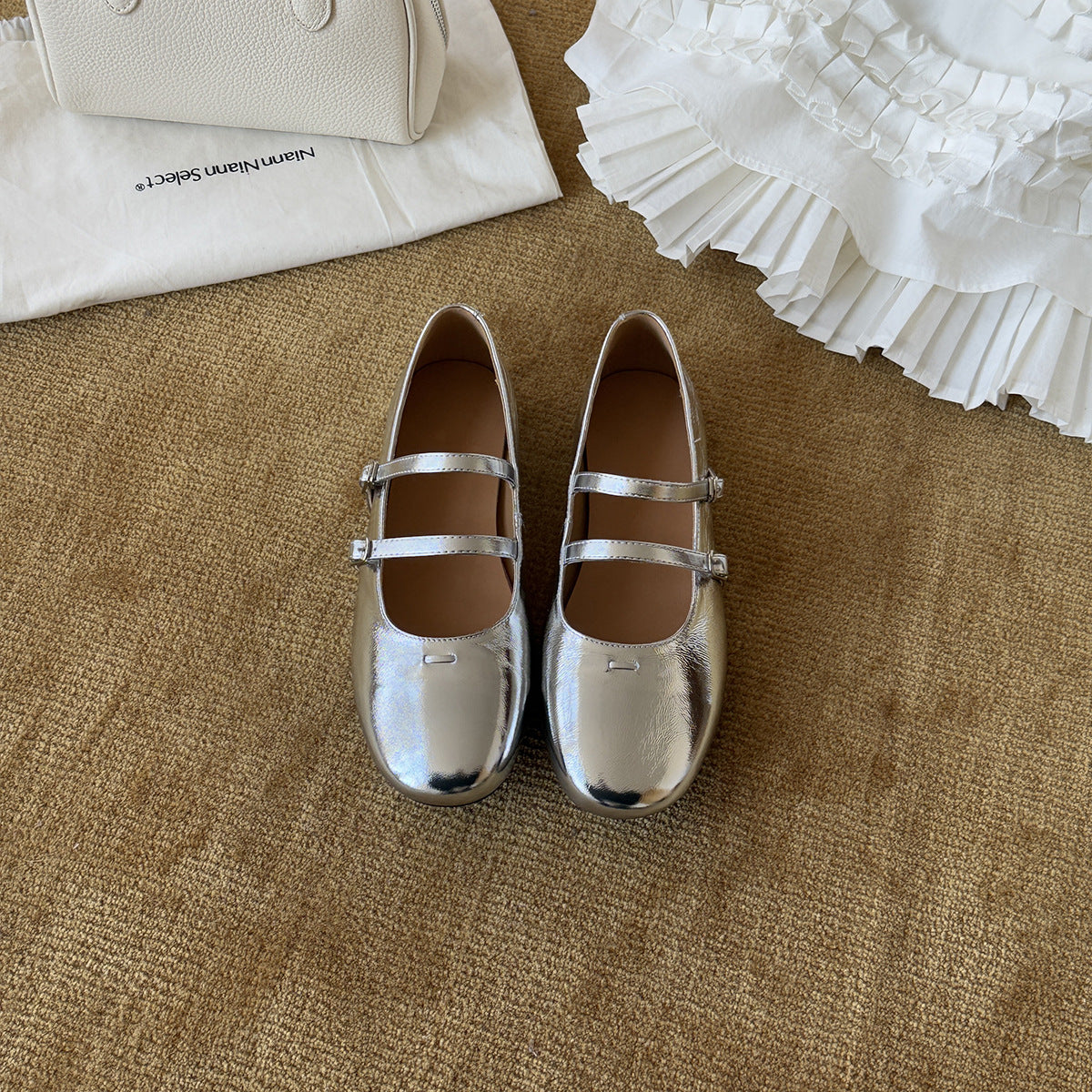 Damen Elegante Ballerinas mit doppeltem Riemchen aus hochwertigem Metallic-Leder R&B
