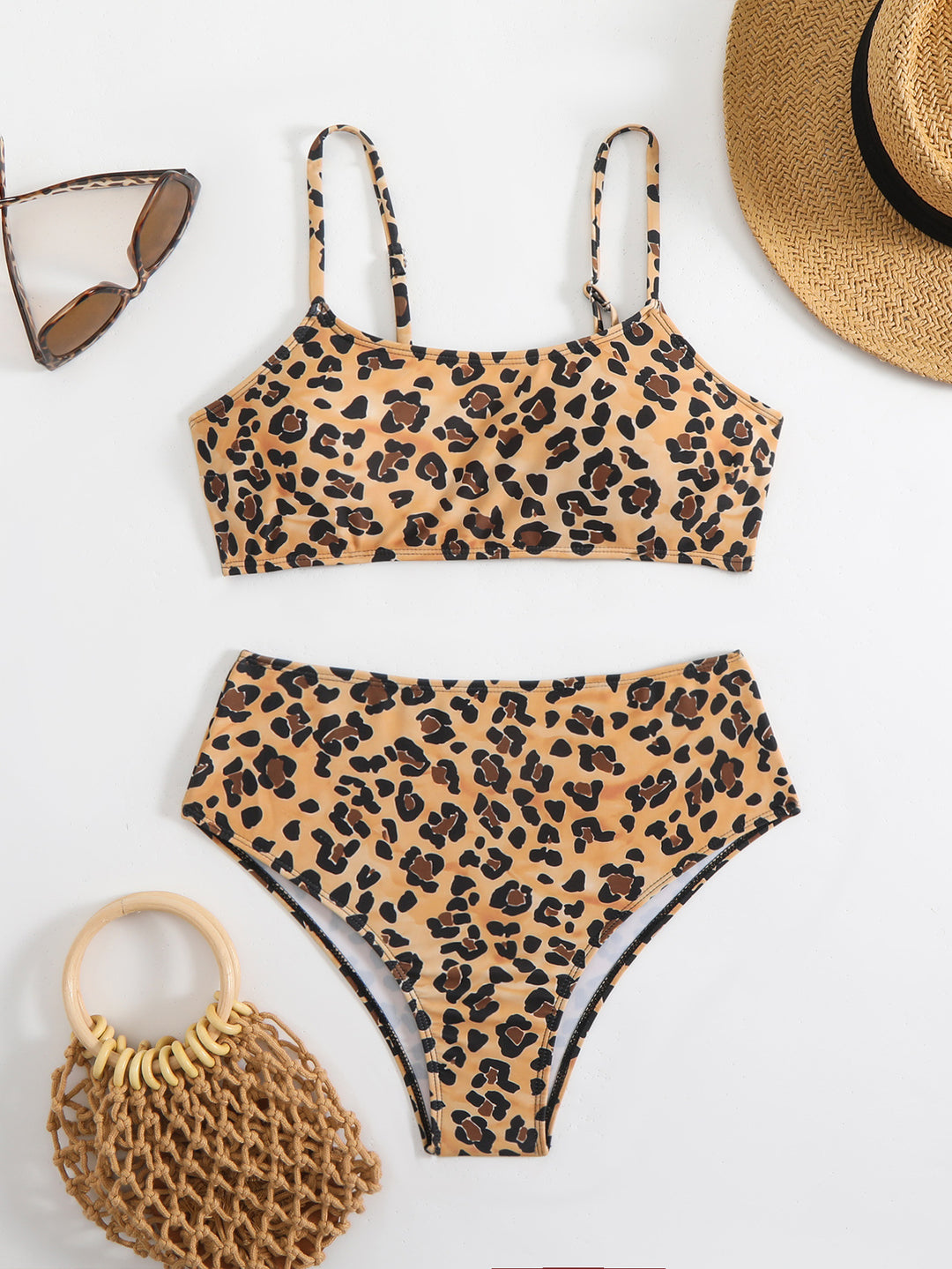 Damen Bikini-Set mit trendigem Leopardenmuster und hohem Taillenbund R&B