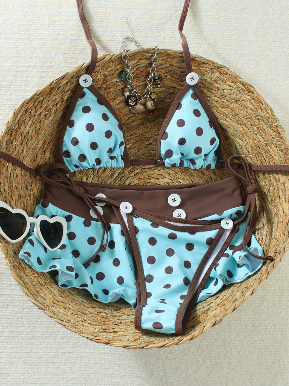 Damen Triangel-Bikini mit Rüschen und modischem Punkten-Design R&B