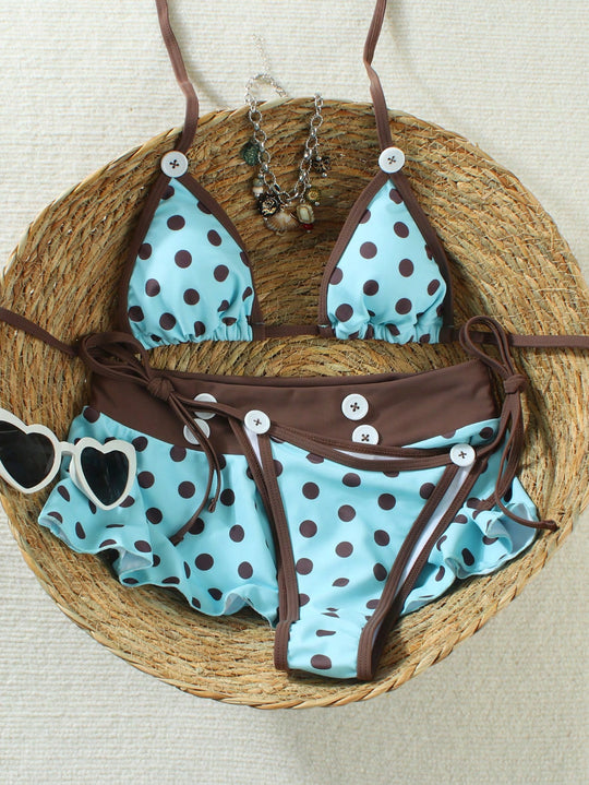 Damen Triangel-Bikini mit Rüschen und modischem Punkten-Design R&B