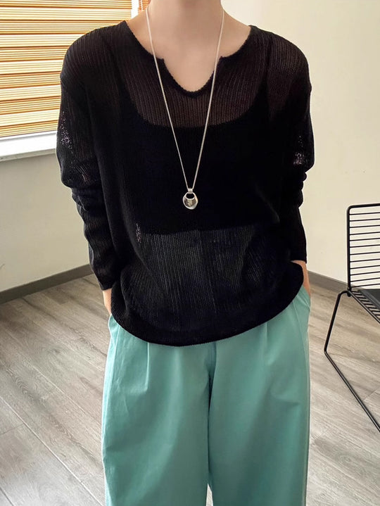 Damen luftiger Strickpullover mit V-Ausschnitt und lässigem Schnitt R&B