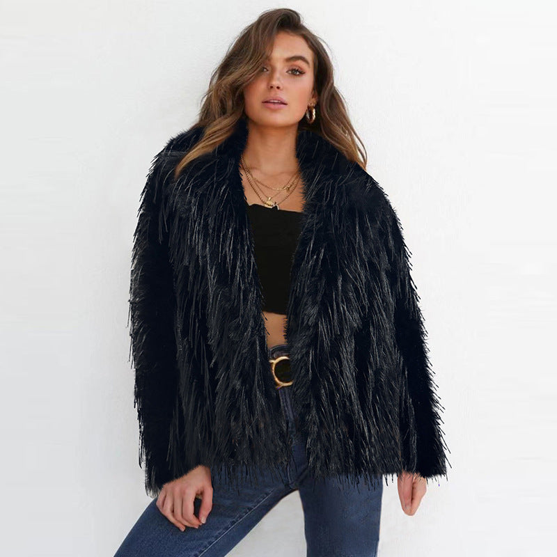Damen Eleganter Kunstfellblazer mit breitem Kragen R&B