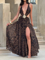 Damen Maxikleid mit tiefem V-Ausschnitt und elegantem Wickeldesign R&B