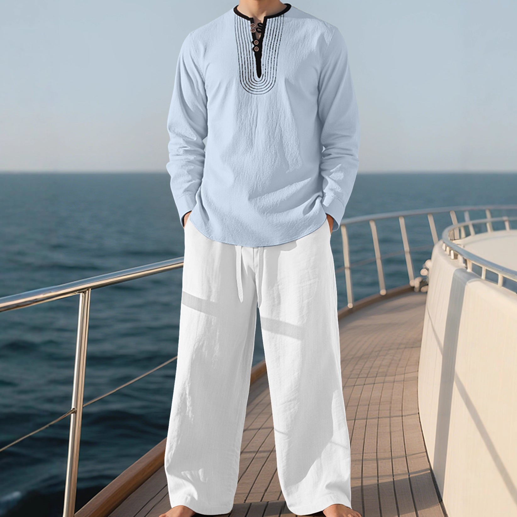 Herren nan Tunika- und Palazzohose-Set mit Henley-Blende, Zierstickerei und weitem Schnitt R&B