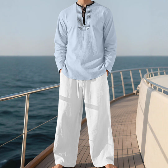 Herren nan Tunika- und Palazzohose-Set mit Henley-Blende, Zierstickerei und weitem Schnitt R&B