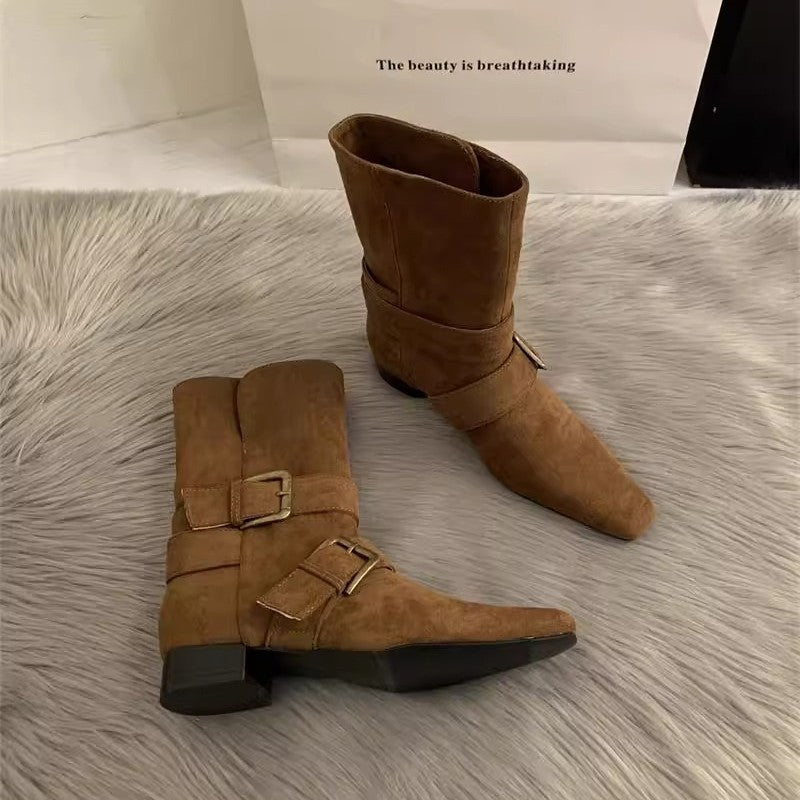 Damen elegante Stiefeletten aus hochwertigem Wildleder mit verstellbarem Riemen und spitzem Schnitt R&B