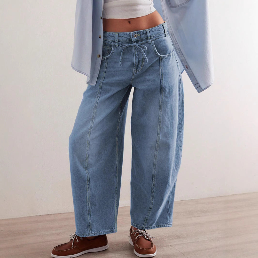Damen Lässige Weite Denim-Hose mit Tunnelzug R&B