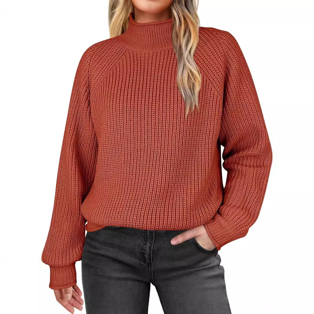 Damen modischer Strickpullover mit hohem Kragen und strukturierter Oberfläche R&B