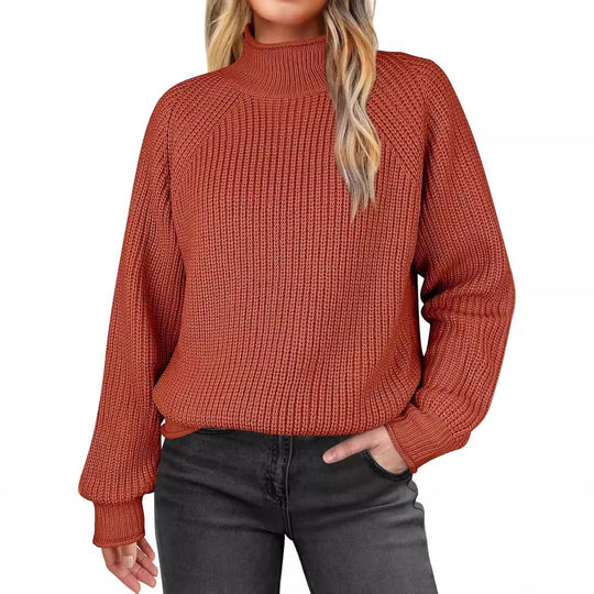 Damen modischer Strickpullover mit hohem Kragen und strukturierter Oberfläche R&B