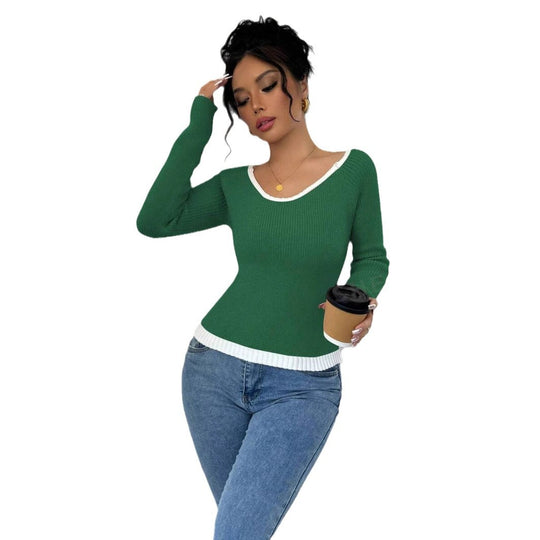 Damen modischer Pullover mit kontrastierendem Saum und tiefem V-Ausschnitt R&B