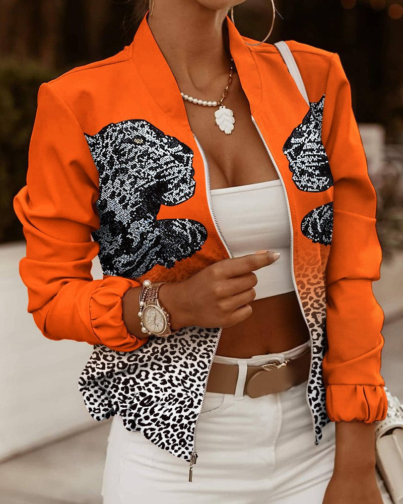 Damen Sportliche Bomberjacke mit Floralem Design und Kontrastierenden Ärmelakzenten R&B
