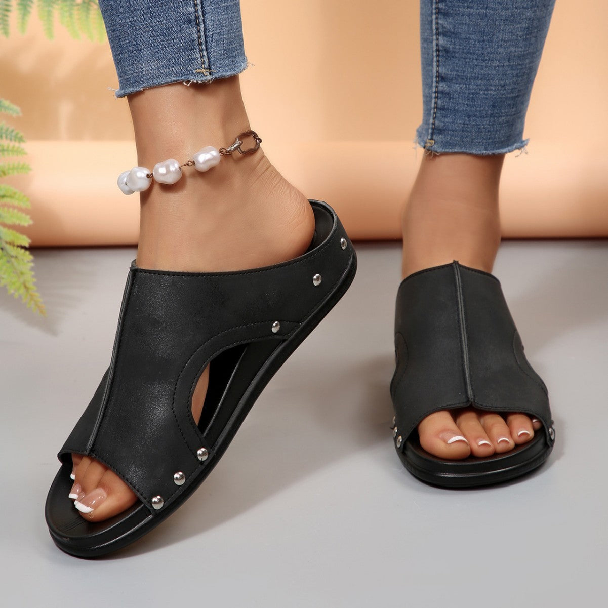Damen Komfortable Slide-Sandalen mit modischem Cut-Out-Design und elegantem Strassbesatz R&B