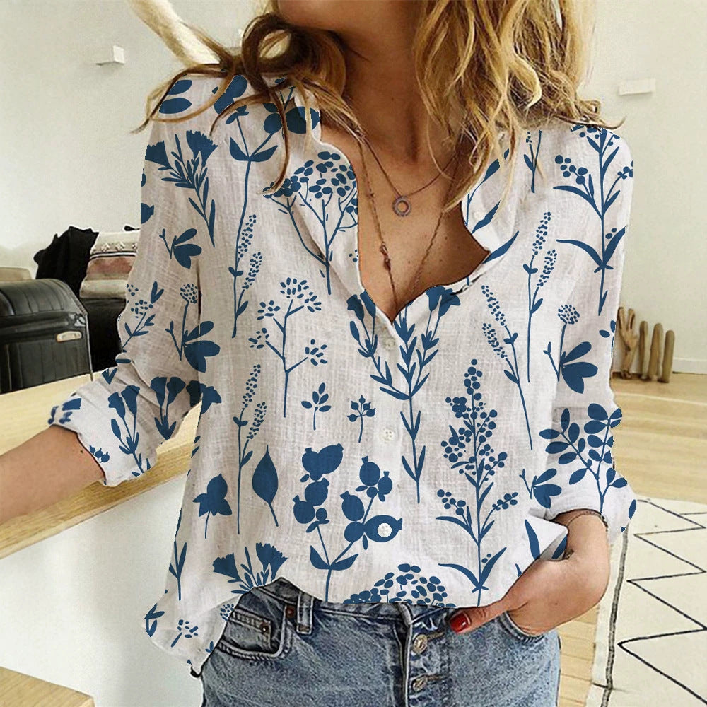 Damen nan lockere Leinenoptik-Bluse mit V-Ausschnitt botanischem Alloverprint und Dreiviertelärmeln R&B