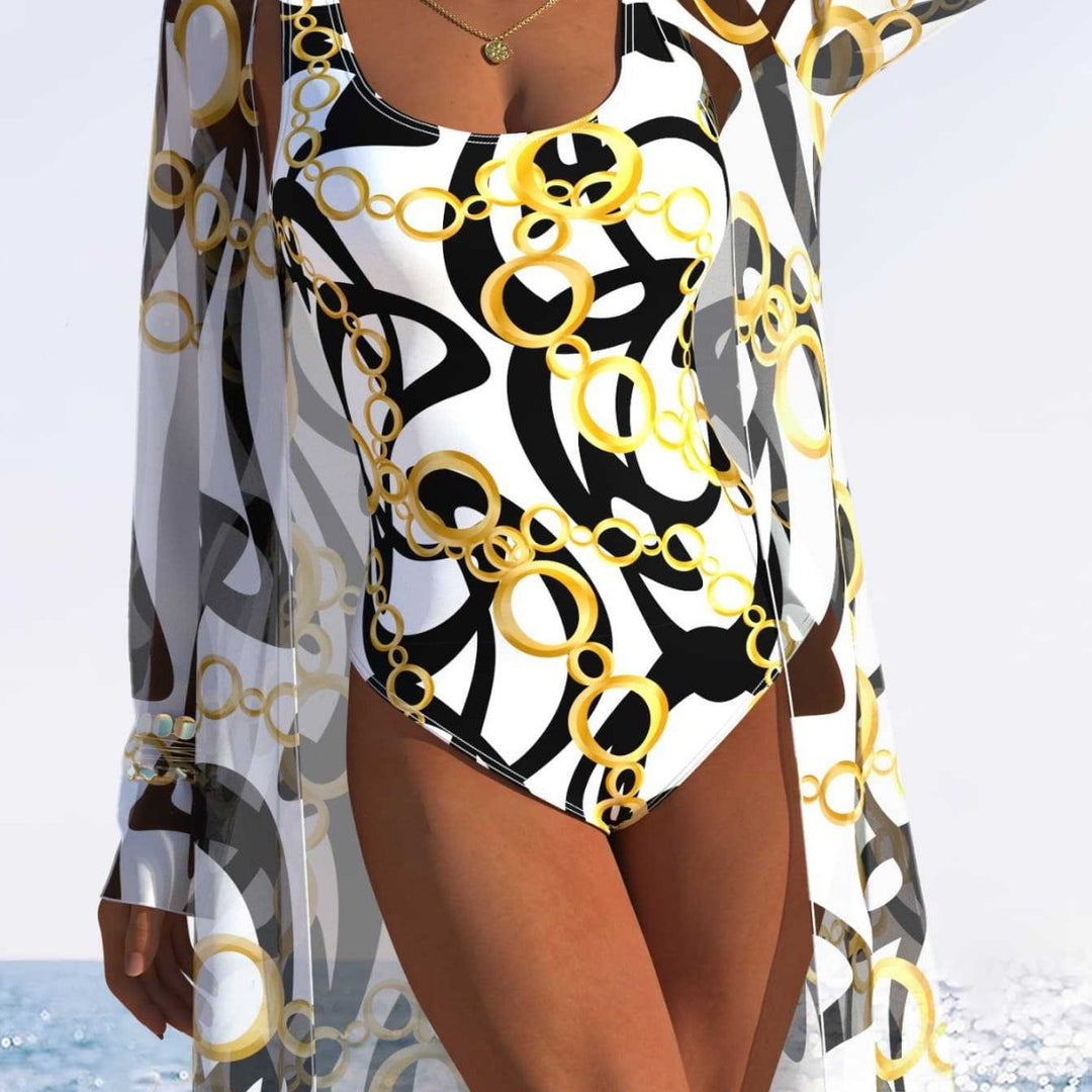 Damen eleganter Einteiler Badeanzug mit transparentem Überwurf und modernem Ringdesign R&B