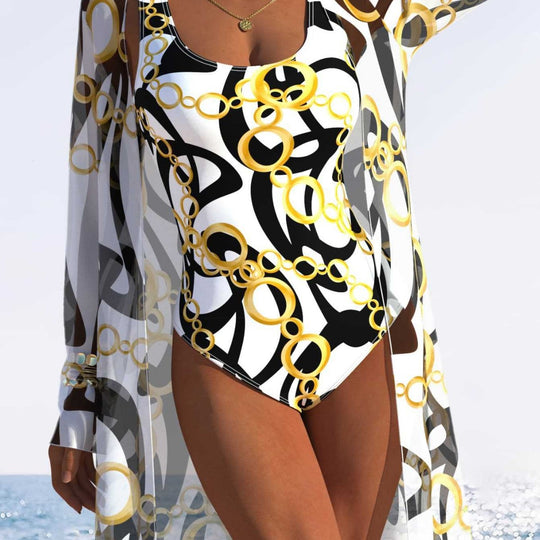 Damen eleganter Einteiler Badeanzug mit transparentem Überwurf und modernem Ringdesign R&B