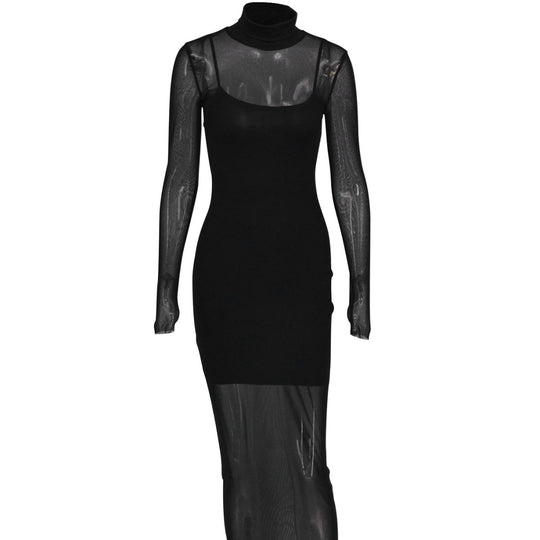 Damen figurbetontes Maxikleid mit langem Arm und elegantem Hochkragen R&B