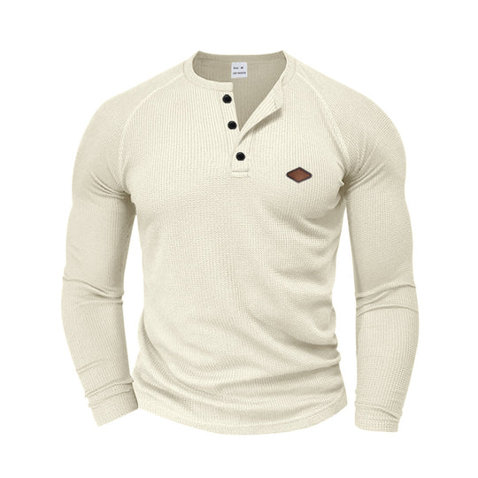 Herren nan strukturiertes Waffel-Henleyshirt mit kurzer Knopfleiste Raglanärmeln und Lederpatch R&B