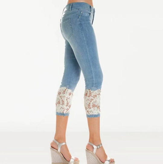 Damen Jeanshose mit Spitzenverzierung und figurbetontem Schnitt R&B