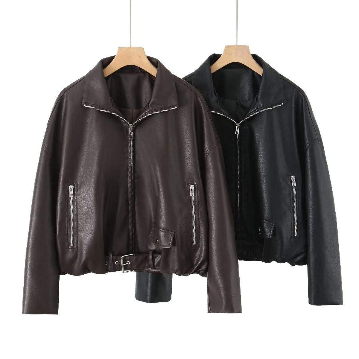 Damen Kunstlederjacke mit taillierbarem Gürtel und seitlichen Reißverschlusstaschen R&B